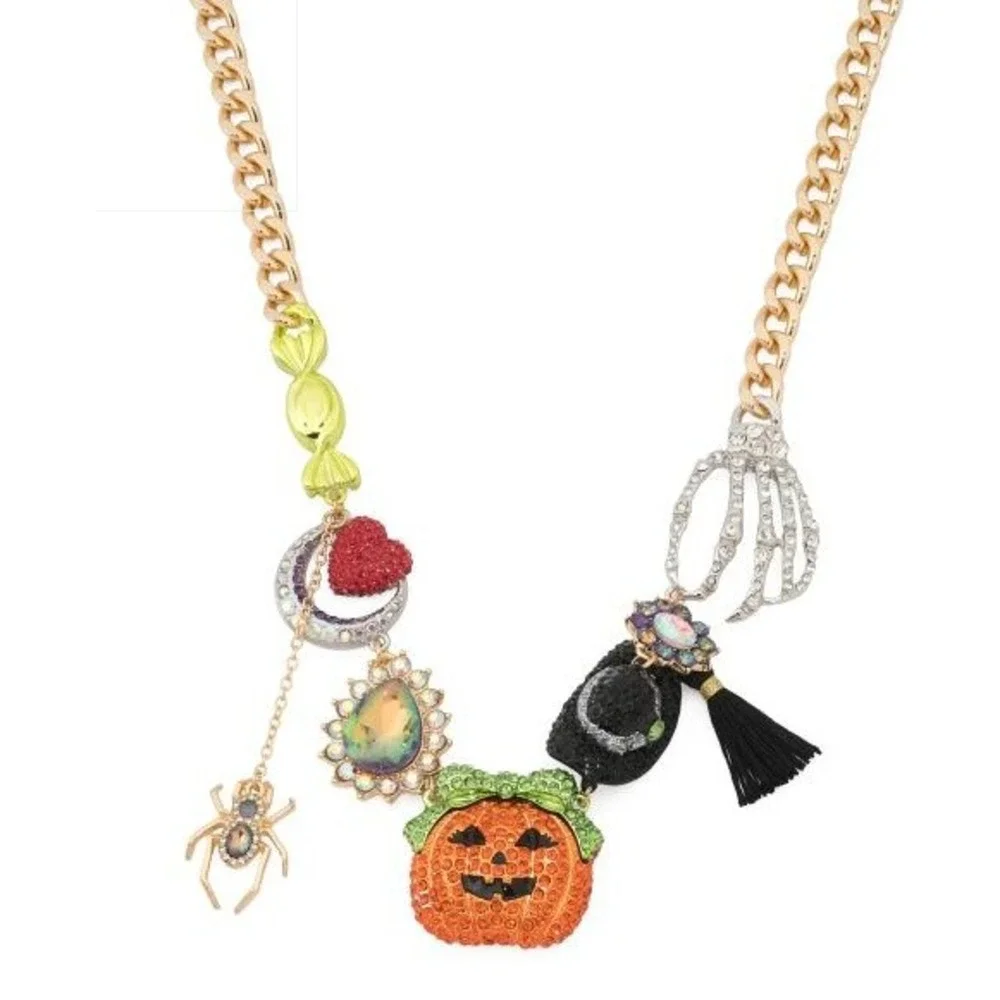 Betsey Johnson Halloween Charm Link Necklace Spooky Kitsch Pumpkin Spider Witch